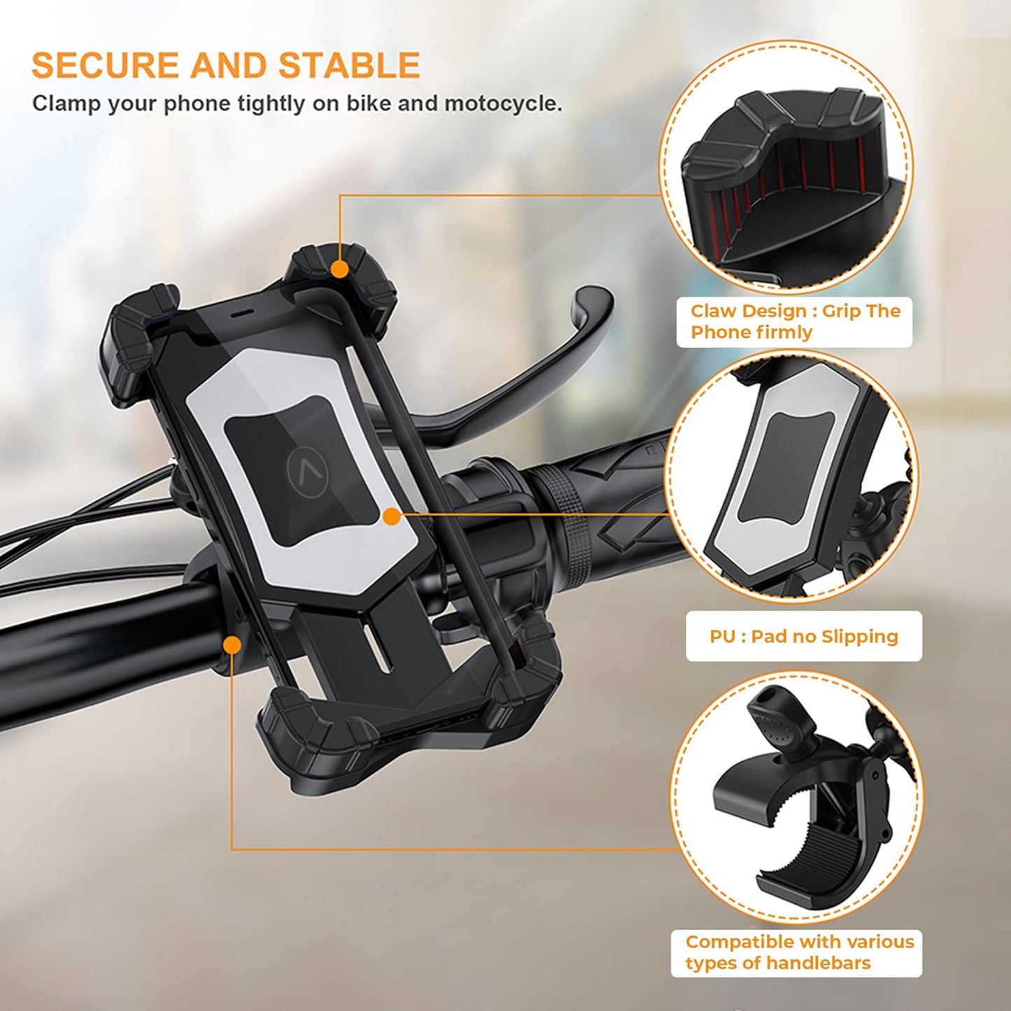 Bike Mobile Holder, High Stabilized Design, Shock-Absorbing Silicone Pads, Strong Grip, Metallic Frame for 4.7 to 6.7-inch Mobiles (Black)(Vibration Resistance)