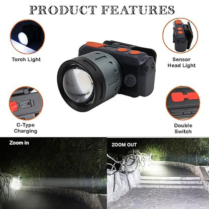 Mount Torch Zoom Waterproof Rechargeable Handsfree IR Sensor LED Blinker Metal Spotlight for Cycling Camping Caving Hiking Hunting Trekking - 1Pc (Zoom Focus 100W)