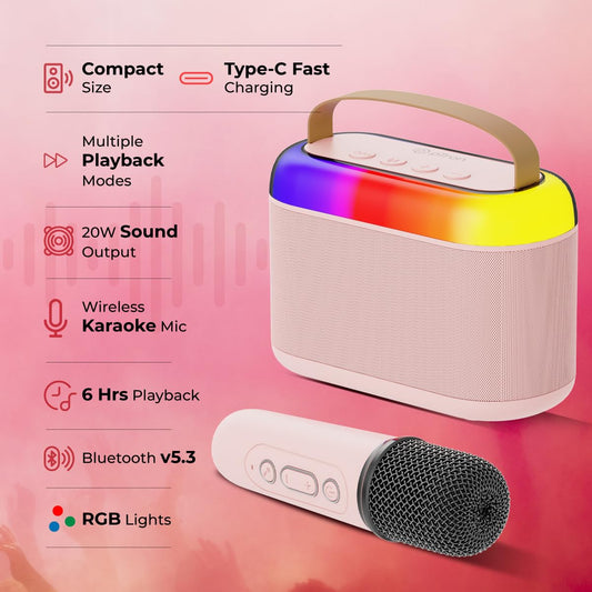 20W Bluetooth Speaker with Wireless Karaoke Mic, 6Hrs Playtime, Vivid RGB Lights, Voice Effects, Multi-Play Modes BT5.3/TF Card/USB & Type-C Charging Port (Light Pink)