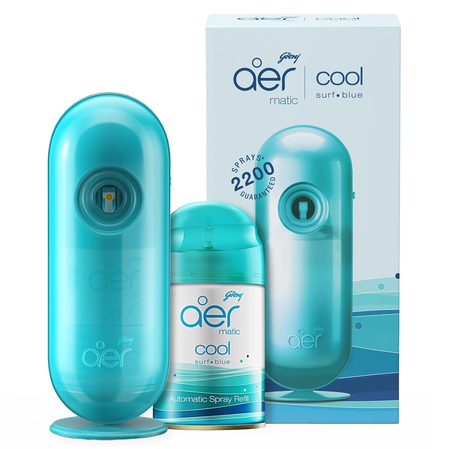 aer Matic Kit (Machine + 1 Refill) - Automatic Room Fresheners with Flexi Control Spray | Cool Surf Blue | 2200 Sprays Guaranteed | Lasts up to 60 days (225ml)