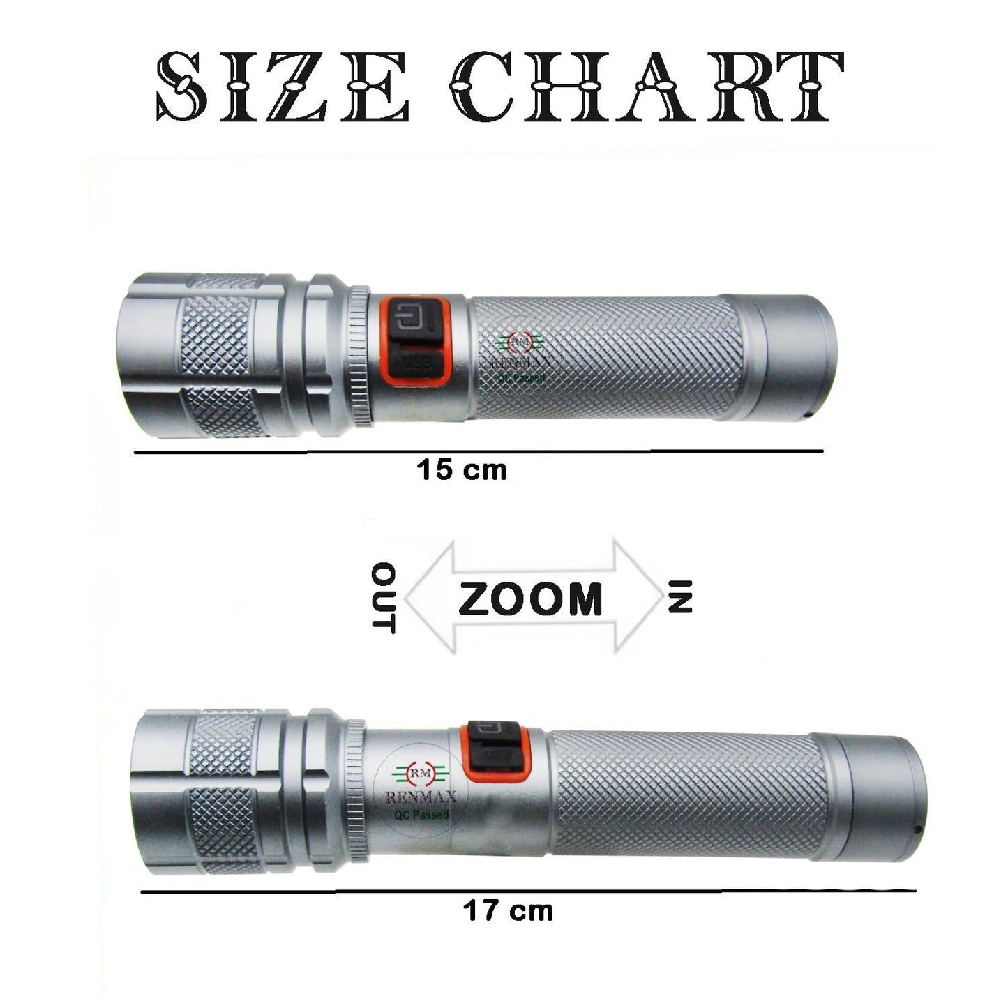 Bright Beam Focus Zoom Torch | Rainproof | Rechargeable 2000mAh Li-ion Battery | Annodised Metal Body -1 Pc (15 CM Silver) 800 Lumen (4-Modes Zoom Removable Battery)