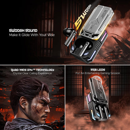 boAt Newly Launched Immortal Katana Blade 2.0 TWS Earbuds w/ 70 hrs Playback,IWP w/Metal Glider & Gliding Blade Sound,50 ms Low Latency Beast Mode,RGB LEDs,4 Mics w/ENx & IPX4 Rating(Gunmetal Black)