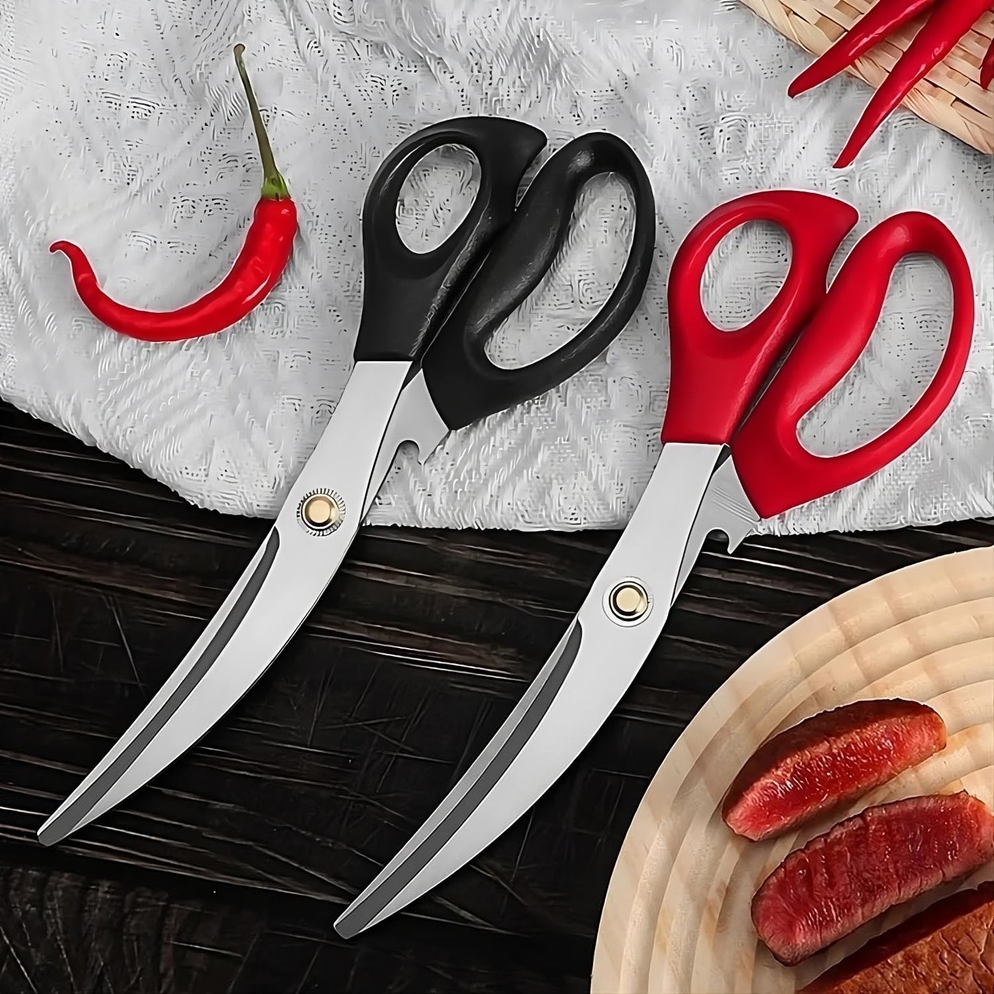 Top Chef Korean Shears, Kitchen Scissors for Chicken, Poultry, Fish, Seafood, Meat, Vegetables, Herbs, BBQ, Barbeque | Heavy Duty Stainless Steel (Red, 1 Pack)