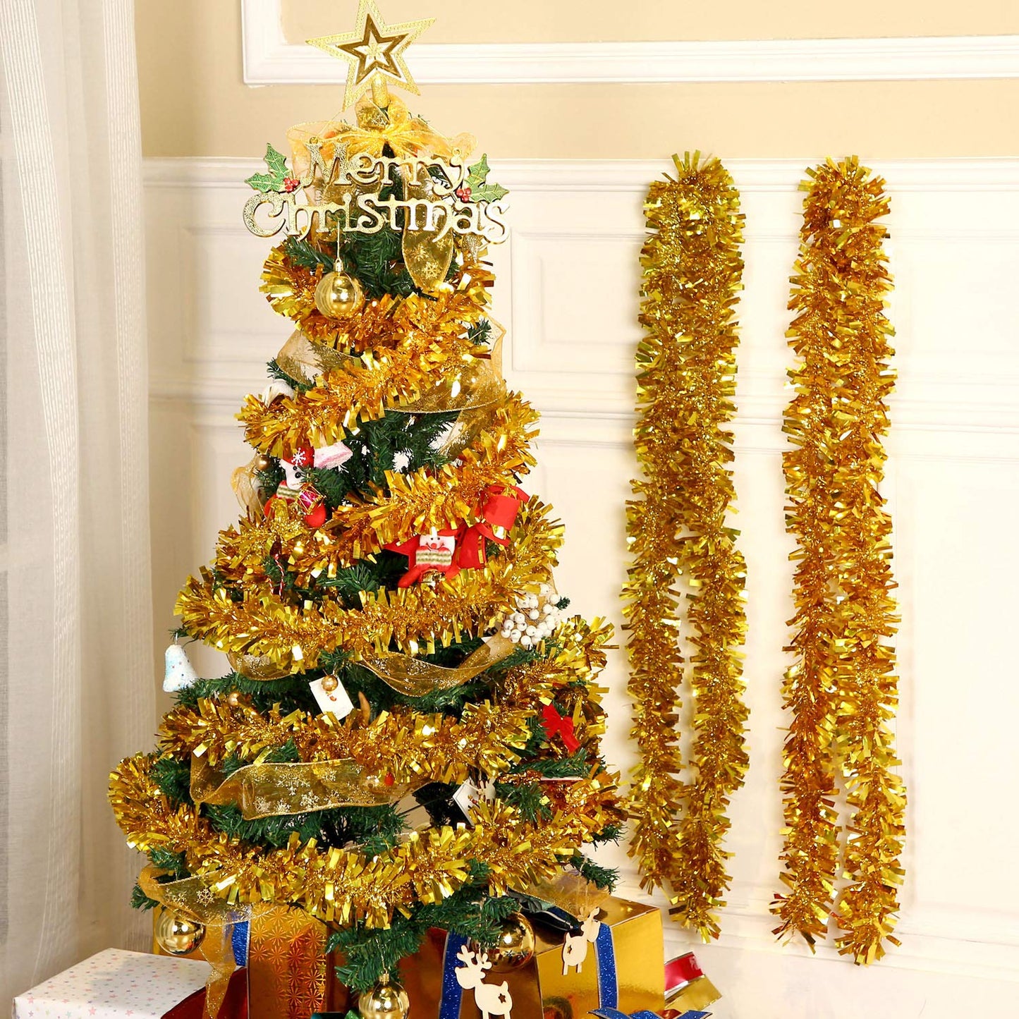 6 Pieces Christmas Tinsel 39.4 Feet Metallic Garland Sparkling Hanging Decoration for Christmas Tree Wreath Party Supplies (Gold)